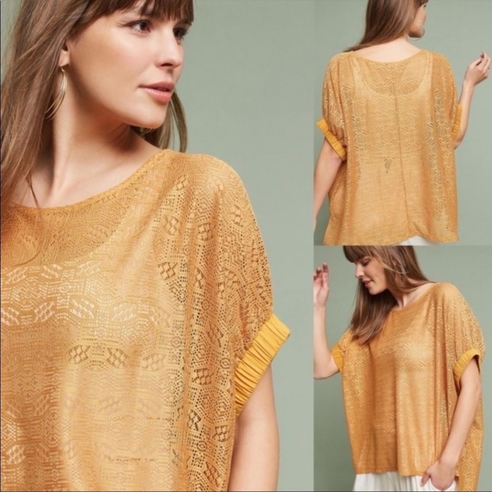 ANTHROPOLOGIE Akemi + Kin Mustard Yellow Bratton Lace Knit Oversized Slouchy Top